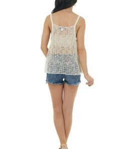 HYFVE Tops Ivory Sleeveless Sheer Knit Top With Asymmetrical Hemline