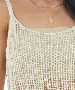 HYFVE Tops Ivory Sleeveless Sheer Knit Top With Asymmetrical Hemline