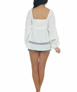 143 Story Ivory Smocked Bust Lace Detailed Blouse Tops