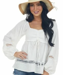 143 Story Ivory Smocked Bust Lace Detailed Blouse Tops
