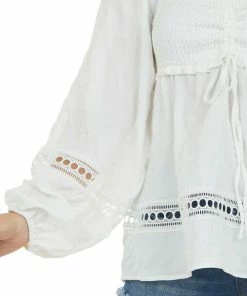 143 Story Ivory Smocked Bust Lace Detailed Blouse Tops