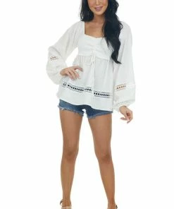 143 Story Ivory Smocked Bust Lace Detailed Blouse Tops