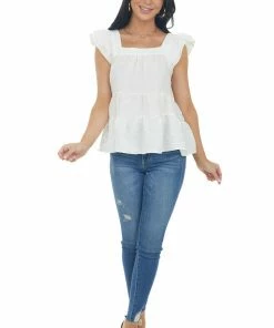 Entro Ivory Square Neck Ruffle Tiered Blouse Tops