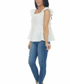 Entro Ivory Square Neck Ruffle Tiered Blouse Tops