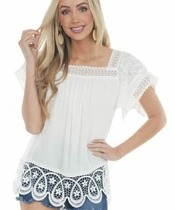 Davi & Dani Ivory Square Neck Scalloped Lace Blouse Tops