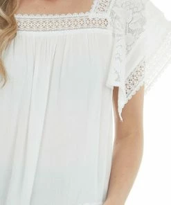 Davi & Dani Ivory Square Neck Scalloped Lace Blouse Tops