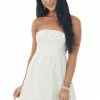 Sweet Lemon Dresses Ivory Strapless Smocked Eyelet Lace Mini Dress