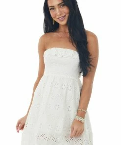 Sweet Lemon Dresses Ivory Strapless Smocked Eyelet Lace Mini Dress