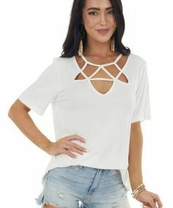 BiBi Ivory Strappy Criss Cross Neckline Tee Tops