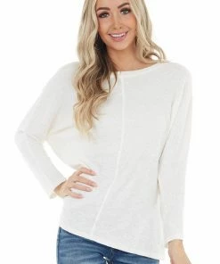Cherish Ivory Stretchy Textured Knit Top With 3/4 Dolman Sleeves Tops