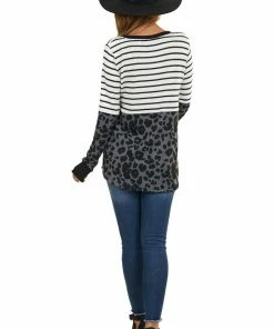 Staccato Ivory Stripe Print Long Sleeve Knit Top With Leopard Print Tops 24 Staccato Ivory Stripe Print Long Sleeve Knit Top With Leopard Print Tops