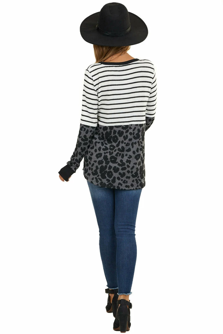 Staccato Ivory Stripe Print Long Sleeve Knit Top With Leopard Print Tops 9 Staccato Ivory Stripe Print Long Sleeve Knit Top With Leopard Print Tops