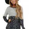 Staccato Ivory Stripe Print Long Sleeve Knit Top With Leopard Print Tops