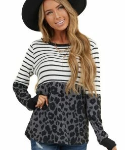Staccato Ivory Stripe Print Long Sleeve Knit Top With Leopard Print Tops