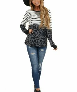 Staccato Ivory Stripe Print Long Sleeve Knit Top With Leopard Print Tops
