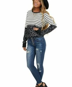 Staccato Ivory Stripe Print Long Sleeve Knit Top With Leopard Print Tops 22 Staccato Ivory Stripe Print Long Sleeve Knit Top With Leopard Print Tops