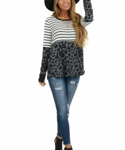 Staccato Ivory Stripe Print Long Sleeve Knit Top With Leopard Print Tops 20 Staccato Ivory Stripe Print Long Sleeve Knit Top With Leopard Print Tops