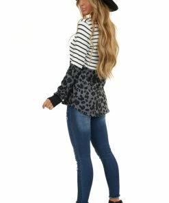 Staccato Ivory Stripe Print Long Sleeve Knit Top With Leopard Print Tops 23 Staccato Ivory Stripe Print Long Sleeve Knit Top With Leopard Print Tops
