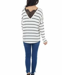 Lovely Melody Tops Ivory Striped Long Sleeve Knit Top With Back Lace Detail