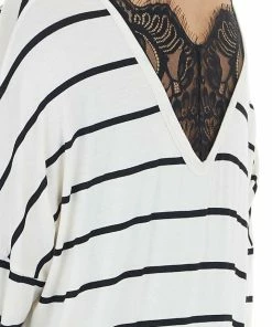 Lovely Melody Tops Ivory Striped Long Sleeve Knit Top With Back Lace Detail