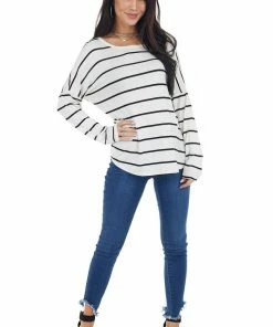 Lovely Melody Tops Ivory Striped Long Sleeve Knit Top With Back Lace Detail