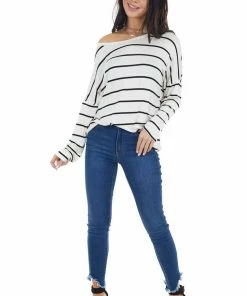 Lovely Melody Tops Ivory Striped Long Sleeve Knit Top With Back Lace Detail