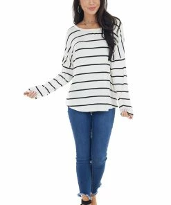 Lovely Melody Tops Ivory Striped Long Sleeve Knit Top With Back Lace Detail