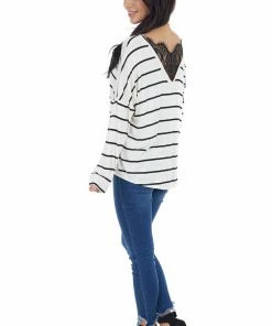 Lovely Melody Tops Ivory Striped Long Sleeve Knit Top With Back Lace Detail