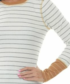 Ces Femme Tops Ivory Striped Long Sleeve Textured Knit Top