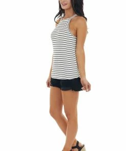 CY Fashion Ivory Striped Ribbed Sleeveless Halter Top With High Low Hem Tops