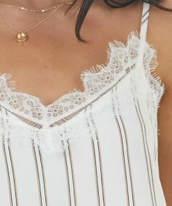 J.NNA Ivory Striped Woven Camisole With Lace Trimmed V Neckline Tops 25 J.NNA Ivory Striped Woven Camisole With Lace Trimmed V Neckline Tops