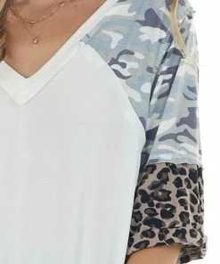 POL Clothing Ivory Super Soft Knit Top With 3/4 Length Multiprint Sleeves 25 POL Clothing Ivory Super Soft Knit Top With 3/4 Length Multiprint Sleeves