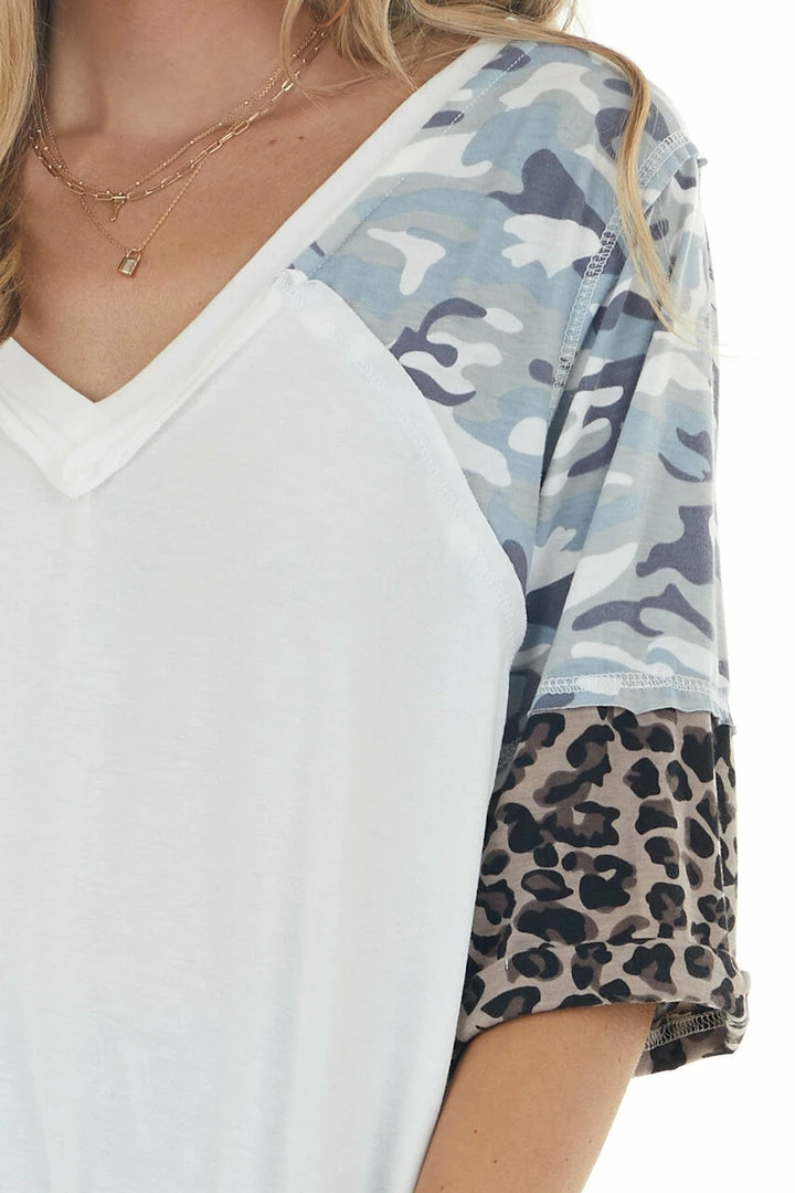 POL Clothing Ivory Super Soft Knit Top With 3/4 Length Multiprint Sleeves 10 POL Clothing Ivory Super Soft Knit Top With 3/4 Length Multiprint Sleeves