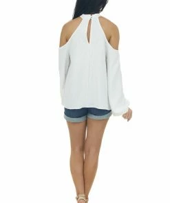 143 Story Ivory Swiss Dot Cold Shoulder Halter Blouse Tops