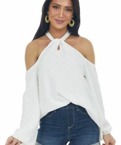 143 Story Ivory Swiss Dot Cold Shoulder Halter Blouse Tops