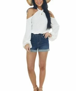 143 Story Ivory Swiss Dot Cold Shoulder Halter Blouse Tops