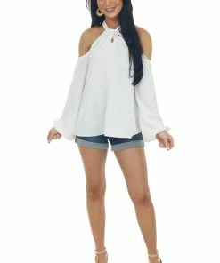 143 Story Ivory Swiss Dot Cold Shoulder Halter Blouse Tops