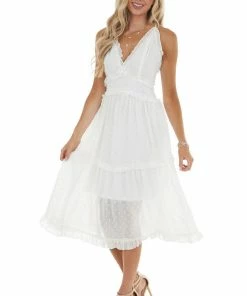Entro Ivory Swiss Dot Sleeveless Frilled Midi Dress With V Neck