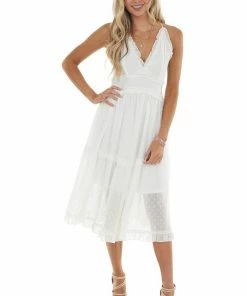 Entro Ivory Swiss Dot Sleeveless Frilled Midi Dress With V Neck