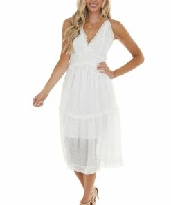 Entro Ivory Swiss Dot Sleeveless Frilled Midi Dress With V Neck