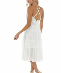 Entro Ivory Swiss Dot Sleeveless Frilled Midi Dress With V Neck