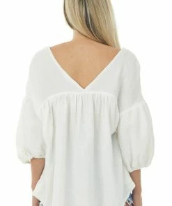 Ces Femme Ivory Textured V Neck Babydoll Top Blouses
