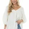 Ces Femme Ivory Textured V Neck Babydoll Top Blouses