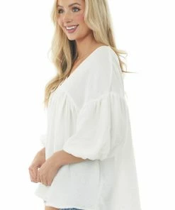 Ces Femme Ivory Textured V Neck Babydoll Top Blouses