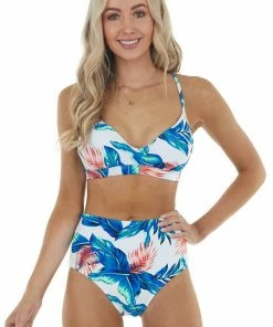 Beach Joy Bikini Ivory Tropical Print High Waisted Bikini Set With Tie Detail