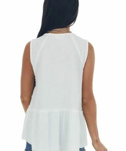 Listicle Ivory V Neck Tank Top With Front Button Up Detail