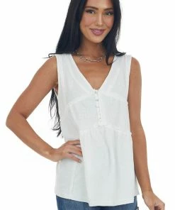 Listicle Ivory V Neck Tank Top With Front Button Up Detail