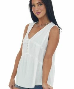 Listicle Ivory V Neck Tank Top With Front Button Up Detail