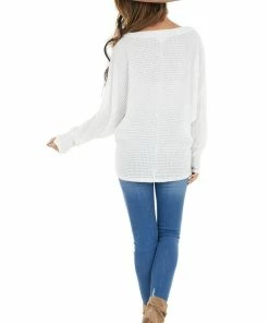 BiBi Tops Ivory Waffle Knit Dolman Sleeve Top With Long Banded Cuffs