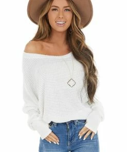 BiBi Tops Ivory Waffle Knit Dolman Sleeve Top With Long Banded Cuffs